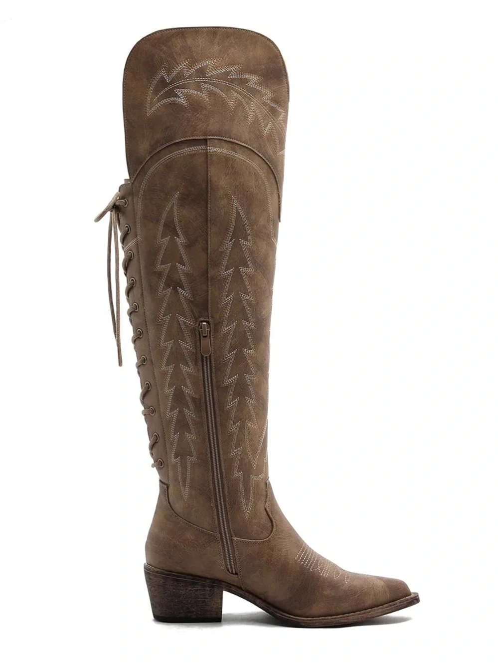 Brown Lace-Up Western Over Knee Boots